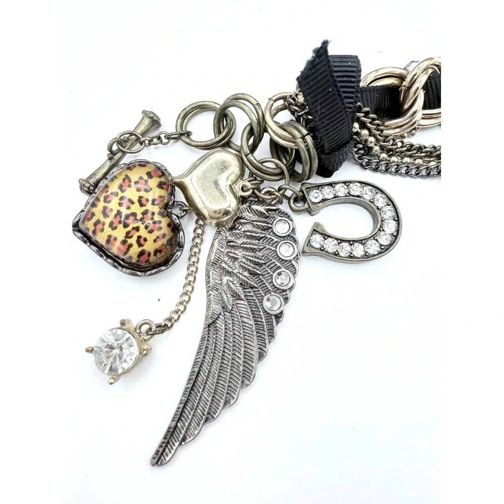 Betsey Johnson Wing Heart Leopard Multi-layer Chain Crystal Bracelet